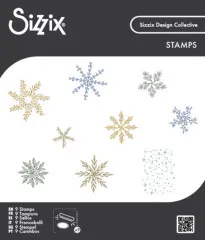 Verpackung der Clear-Stamp-Sets mit bunten Schneeflocken-Motiven in Gold, Blau und Grün sowie einem gepunkteten Hintergrundstempel.