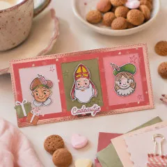 Gestaltete Grußkarte mit kolorierten Sinterklaas- und Pieten-Gesichtern im Dreierrahmen