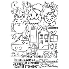 Ansicht des unkolorierten Stempelbogens mit allen Sinterklaas-Motiven und Textstempeln