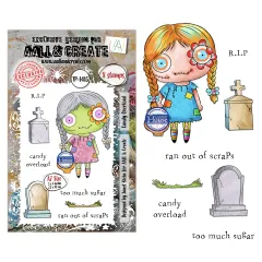 Clear Stamp Set Nr. 1415 Candy Overload mit 8 Stempeln, Packung und gestempelte Motive zeigend