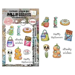 Clear Stamps Set Nr. 1422 mit 9 Halloween-Stempeln von AALL and Create, zeigt bunte Motive wie Flaschen, Süßigkeiten, Donut, Tasche, Schädel und Kürbisse