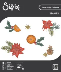 Verpackung der Clear-Stamp-Sets mit weihnachtlichen Motiven: Orangenscheibe mit Stechpalme, Weihnachtsstern mit Tannenzweig und Tannenzapfen mit Sternanis.