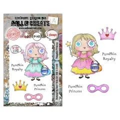 Clear Stamps Set Pumpkin Princess mit 5 Stempeln, Pumpkin Princess Charakter mit Krone und Zauberstab, goldene Krone und rosa Maske