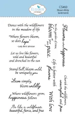 Verpackung des Clear-Stamp-Sets "Sentiments" mit acht englischsprachigen Blumen-Sprüchen.