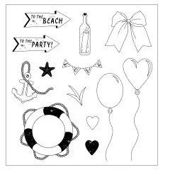 13 Clear Stamps in Schwarz-Weiß mit Schildern To the Beach und To the Party, Anker, Ballons, Herzen und Schleife