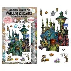Clear Stamps Nr. 1503 Whispers of Halloween - Stempelset mit 11 Motiven: Spukschloss, Phantome, Hexen, Fledermäuse und Halloween-Dekoration