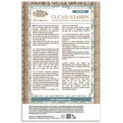 Pflege- und Anwendungshinweise der Stamperia Clear Stamps 'White Christmas' in mehreren Sprachen.
