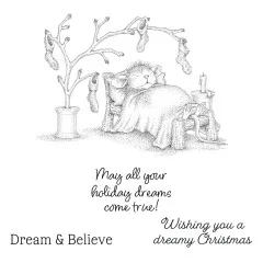 Unkolorierter Stempelabdruck von Mudpie im Bett unter dem Strumpf-Baum mit Spruch „May all your holiday dreams come true!“