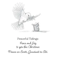 Unkolorierter Stempelabdruck von Monica und der Friedenstaube mit Sprüchen wie „Peaceful Tidings“