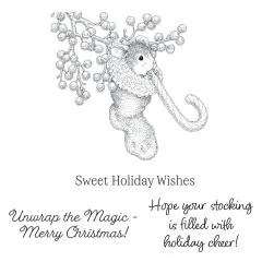 Unkolorierter Stempelabdruck von Maxwell mit Zuckerstange sowie den Sprüchen „Sweet Holiday Wishes“ und weiteren Grußtexten