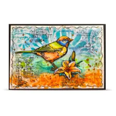 Künstlerische Collage Karte mit buntem Vogel und gelber Blume