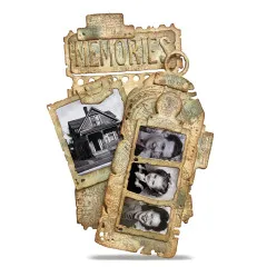 Vintage-Collage aus Golden Tickets mit Familienfotos, Haus und Schriftzug Memories