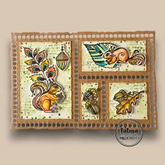 Kraftrahmen mit vier Feldern: Eichhörnchen, Zweig, Eicheln und Blatt