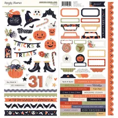 Cardstock-Stickerbogen mit 84 Halloween-Stickern: Kürbisse, Hexenschuhe, Fledermäuse, Etiketten und Schriftzüge.