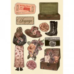 Stamperia Colored Wooden Frame Our way mit bedruckten Holzteilen: Frau mit Rosen, Koffer, Vintage-Bus, Stiefel, Kamera und Blüten auf cremefarbenem Hintergrund