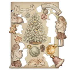 Bemalte Holzformen 'White Christmas' auf Trägerkarte: Mädchen mit Kaninchen, Lebkuchenhaus und Sprüche.