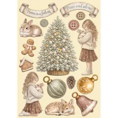Nahaufnahme der bemalten Holzformen 'White Christmas' mit Mädchen- und Lebkuchen-Motiven.