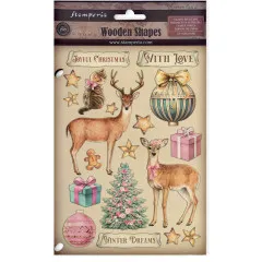 Verpackung der Stamperia Colored Wooden Shapes Winter Magic mit lackierten Holzfiguren wie Reh, Katze, Christbaumkugel und Geschenken.