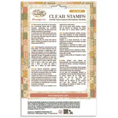 Rückseite der Stamperia Clear Stamps Cozy Family Verpackung mit Anleitung und Anwendungsinformationen in mehreren Sprachen
