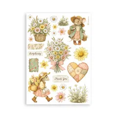 Washi-Blatt mit Blumenkörben, Mädchen mit Blüten, Teddybären-Figur, Herz aus Patchwork-Stoff, Dankbarkeits-Banner