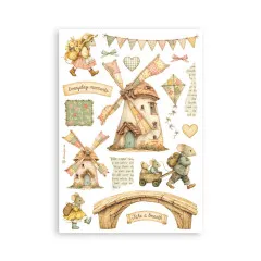 Washi-Blatt mit Windmühlen, Mädchen mit Blumenkorb, Drachen, Herzen, Girlanden, Schmetterlinge und Brücken-Motiv