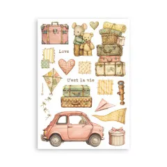 Washi-Blatt mit Koffern, Teddy-Paar, Herzen, Spielzeug-Auto, Flugzeugen, Kites und Texten Love und C'est la vie