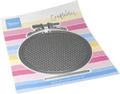 Stickrahmen-Stanze mit gelochter Stickfläche, Rahmen mit Schraube und Sticknadel auf der Craftables-Verpackung