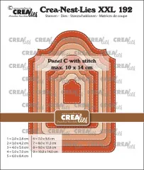 Verpackungsfoto der CREAlies Crea-Nest-Lies XXL Nr. 192 mit ineinander verschachtelten terrakottafarbenen Panel-C-Etikettenstanzen mit Stichlinie