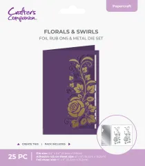 Fertige lila Karte mit goldfolierter Rosen- und Schnörkelranke im Cut-in-Edge-Design aus Metallstanze und Foil-Rub-Ons.