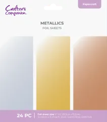 Drei Cut in Edge Metallic-Folienbögen in glänzendem Silber, Gold und Roségold nebeneinander.