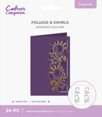 Fertige lila Karte mit goldfolierten Blätter- und Schnörkelranken im Cut-in-Edge-Design, freigestellt vom Rub-On-Bogen.