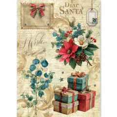 Reispapier-Bogen mit „Dear Santa“-Schriftzug, Poinsettie, Geschenken und Eukalyptus
