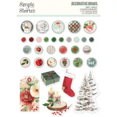 Verpackung der Simple Stories Decorative Brads Evergreen Memories mit runden Metall-Brads sowie Chipboard-Anhängern Geschenk, Strumpf und Tanne