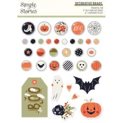 Verpackung der Halloween-Deko-Brads „Frightful Fun" mit 27 Brads in Kürbis-, Geister- und Spinnennetz-Motiven sowie Chipboard-Anhänger „Boo".