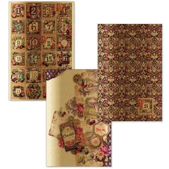 Deluxe-Bogen mit Adventskalender-Zahlen 1 bis 22 im Pralinen-Ornamentstil sowie Vellum-Bögen mit Ephemera-Collage und burgunderrotem Blütenmuster
