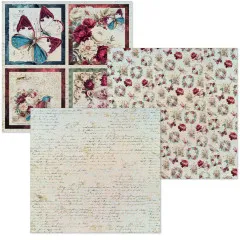 Deluxe-Bogen mit vier Bildvignetten Schmetterling, Rosenstrauß, Vogelkäfig und Teetasse sowie Vellum-Bögen mit Rosenkranz-Streumuster und Handschrift-Textur