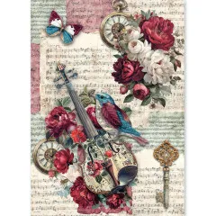 Reispapierbogen mit Vintage-Geige, blauem Vogel, Taschenuhren und burgunderroten Pfingstrosen auf Notenblatt-Hintergrund.