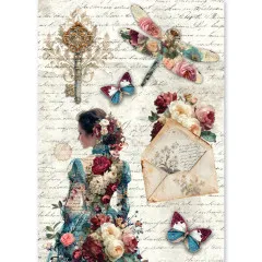 Reispapierbogen mit goldenem Schlüssel, floraler Libelle, Schmetterlingen und einer Frau in blumenbesetztem Kleid vor Notenblatt-Hintergrund.