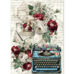 Reispapierbogen mit blumenverzierter Vintage-Schreibmaschine, Vogelkäfig mit Rosen und alten Briefumschlägen.