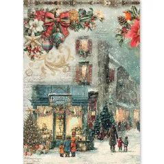 Reispapierbogen mit beleuchtetem Weihnachtsladen, Rotkehlchen und schneebedeckter Altstadtgasse im Vintage-Stil.