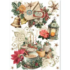 Reispapierbogen mit Weihnachtsmotiven wie Glocken, Brief mit Wachssiegel, Laterne, Weihnachtsstern, Teetasse und Früchtekuchen.