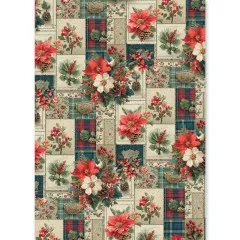 Reispapierbogen mit Patchwork-Muster aus Weihnachtssternen, Tannenzapfen und rot-grünem Karostoff.
