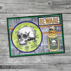 Handgemachte Halloween-Karte mit Totenkopf-Motiv und Giftflasche