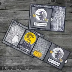 Ausgeklappte Halloween-Bastelarbeit mit Hexen- und Geist-Motiven