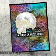Farbenfroher Hintergrund mit Totenkopf und Spruch A Bunch of Hocus Pocus