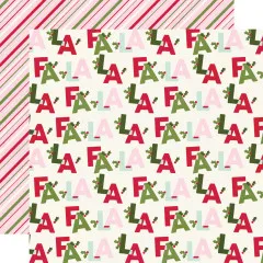 Doppelseitiges 12x12 Designerpapier: "FALALA"-Schriftzug-Muster auf cremefarbenem Grund, Rückseite Zuckerstangen-Streifen