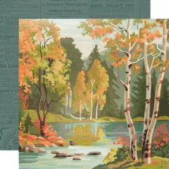Doppelseitiges 12x12 Designerpapier: gemalte Herbstlandschaft mit Birken am Fluss, Rückseite Vintage-Zeitungsdruck