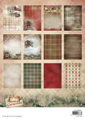 12 A4-Hintergrunddesigns: Winterszene mit Scheune und Truck, rote Kamin-Wäsche, Blütengirlande, Sternenhimmel, Karo, Holzdielen und Strickmuster.