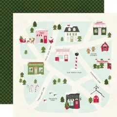 Doppelseitiges 12x12 Designerpapier: illustrierte Karte des Weihnachtsdorfs mit Läden und Straßennamen, Rückseite grünes Karo
