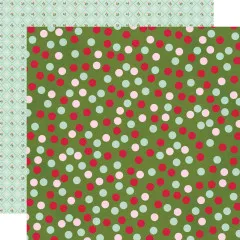 Doppelseitiges 12x12 Designerpapier: bunte Punkte in Rot, Rosa und Mint auf olivgrünem Grund, Rückseite mintfarbenes Rauten-Blütenmuster